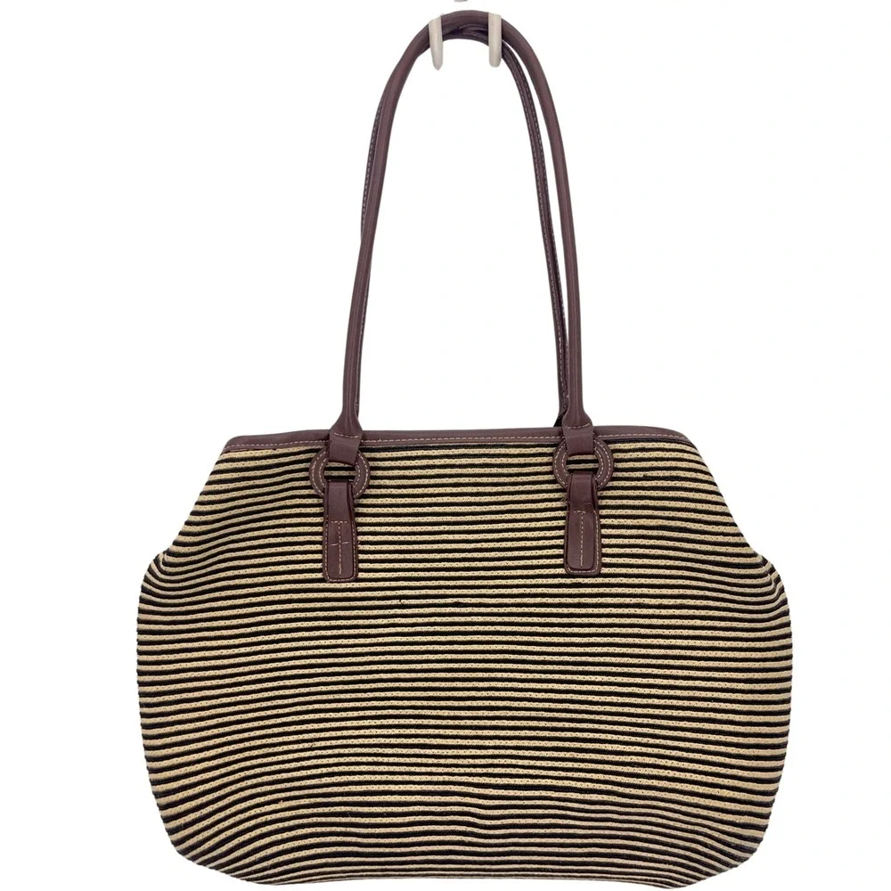 St. John's Bay Brown Striped Straw Tote Bag Woven Beach Shoulder Bag